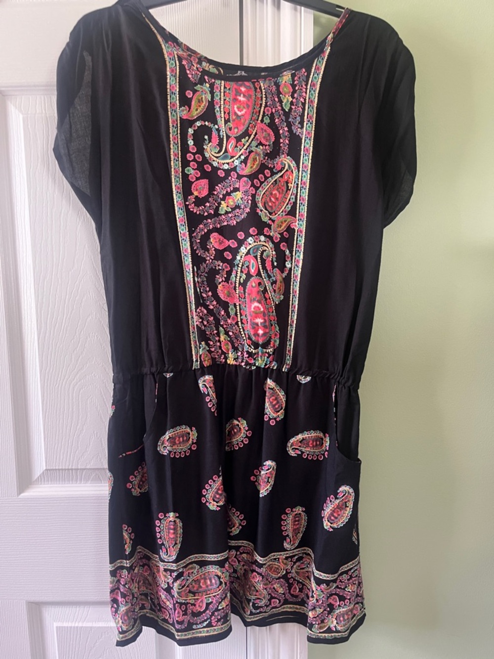 Black and Pink Paisley Dress with Pockets